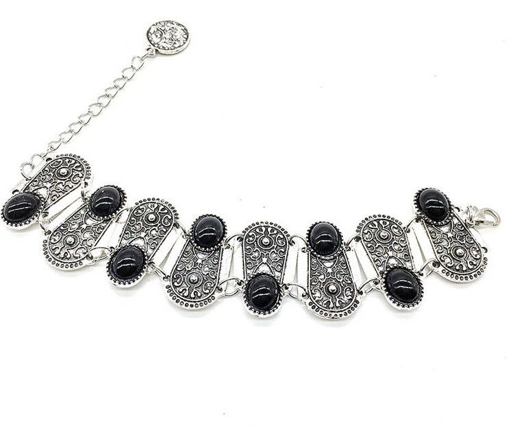 Tibetian Sterling Silver Wide Bracelet Gun Metal Black Stones +GiftPk D591