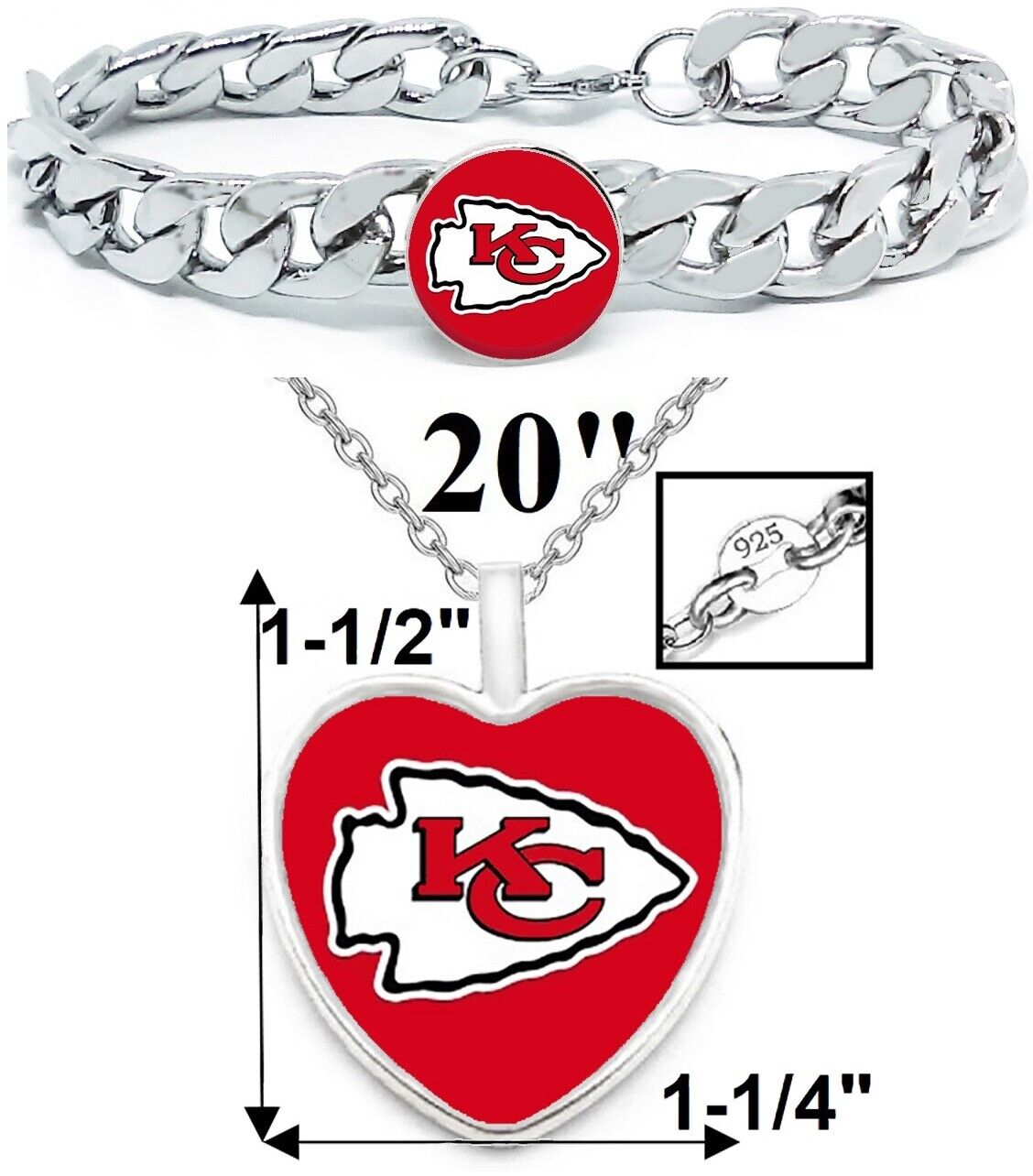 Kansas City Chiefs Mens Gift Set Sterling Silver Necklace With Bracelet D4D22