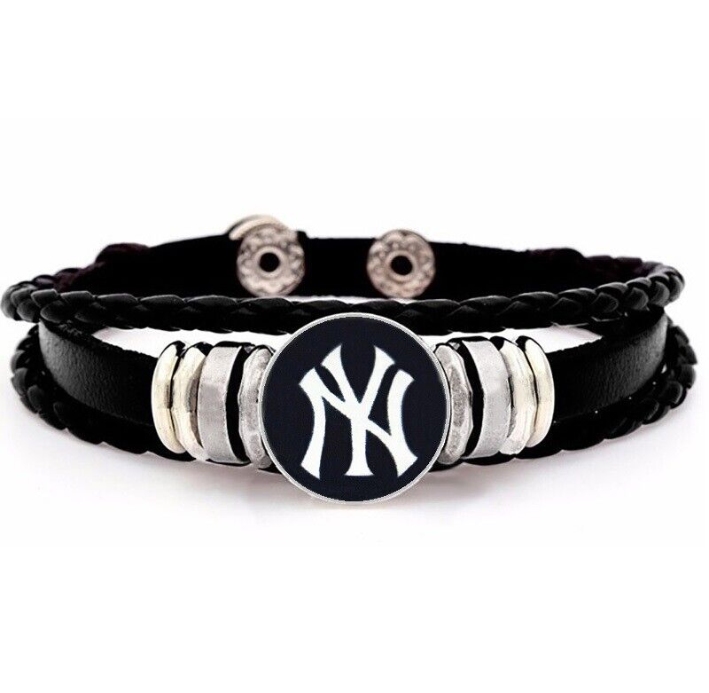 Ny New York Yankees Mens Womens Black Leather Bracelet W Gift Pkg D14