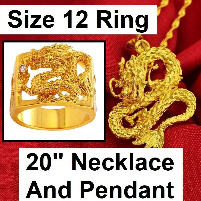 3 Pc Set 24K Gold Dragon Ring With Chain Link Pendant Necklace Womens Mens