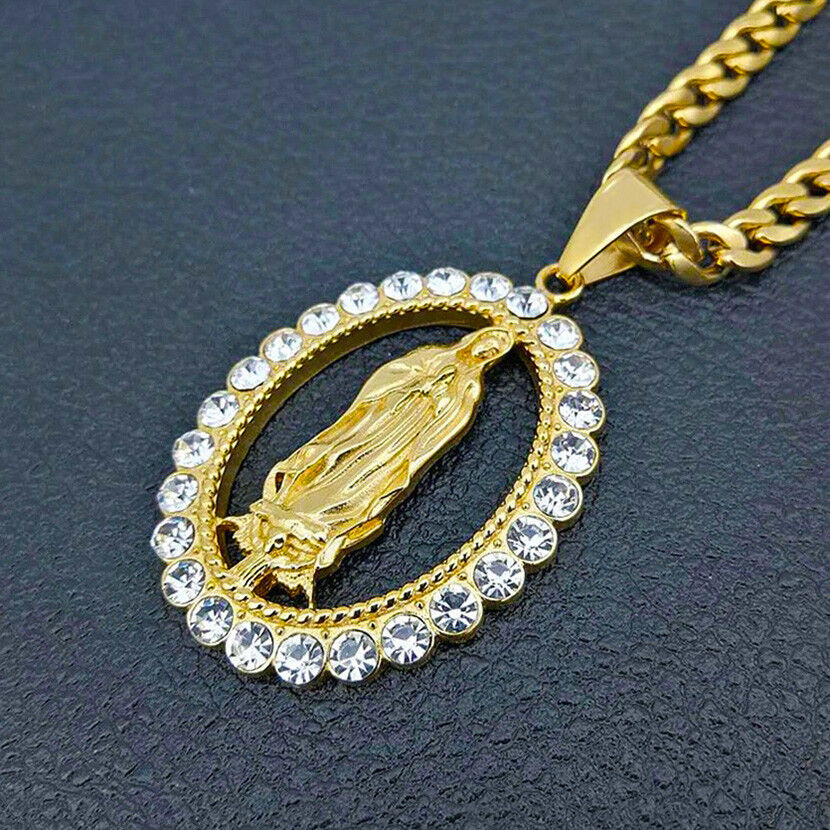 18k Yellow Gold Virgin Mary Señora Guadalupe Figaro Link Chain Necklace D651