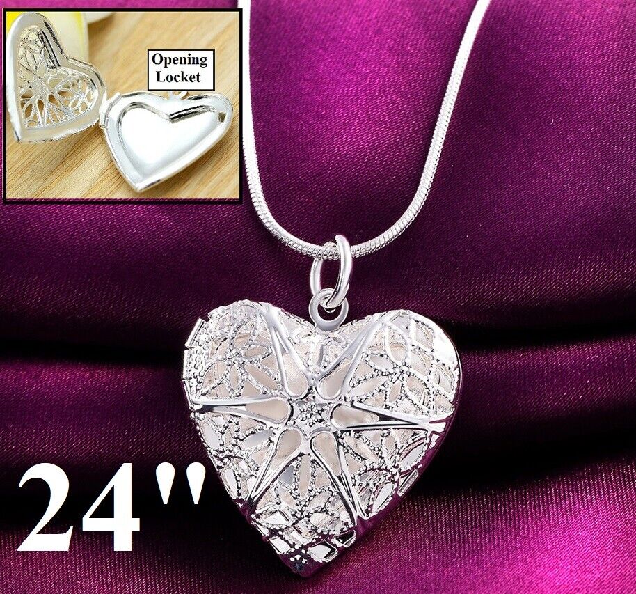 925 Sterling Silver Womens Heart Photo Locket 24" Chain Necklace w Gift Pkg D196