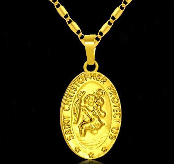 18k Yellow Gold Womens Bar Link Chain Necklace And St. Christopher Pendant D782