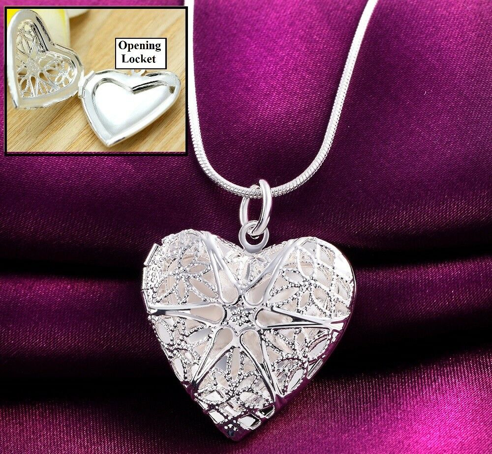 925 Sterling Silver Women's Heart Photo Locket 18" 20" 24" Snake Necklace D196M