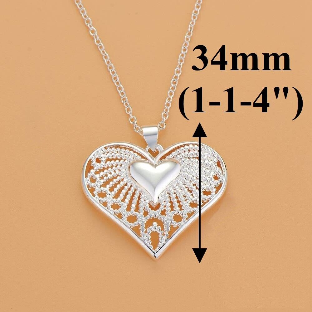 925 Sterling Silver Women's Link Chain Necklace Valentine's Heart Pendant D540