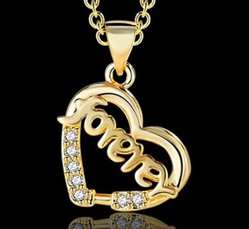 18k Yellow Gold Womens Link Necklace With Forever Heart Love Pendant wGiftP D704