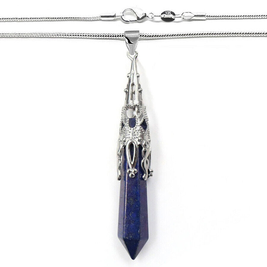 925 Sterling Silver Snake Chain Necklace Natural Lapis Lazuli Pendant D878B