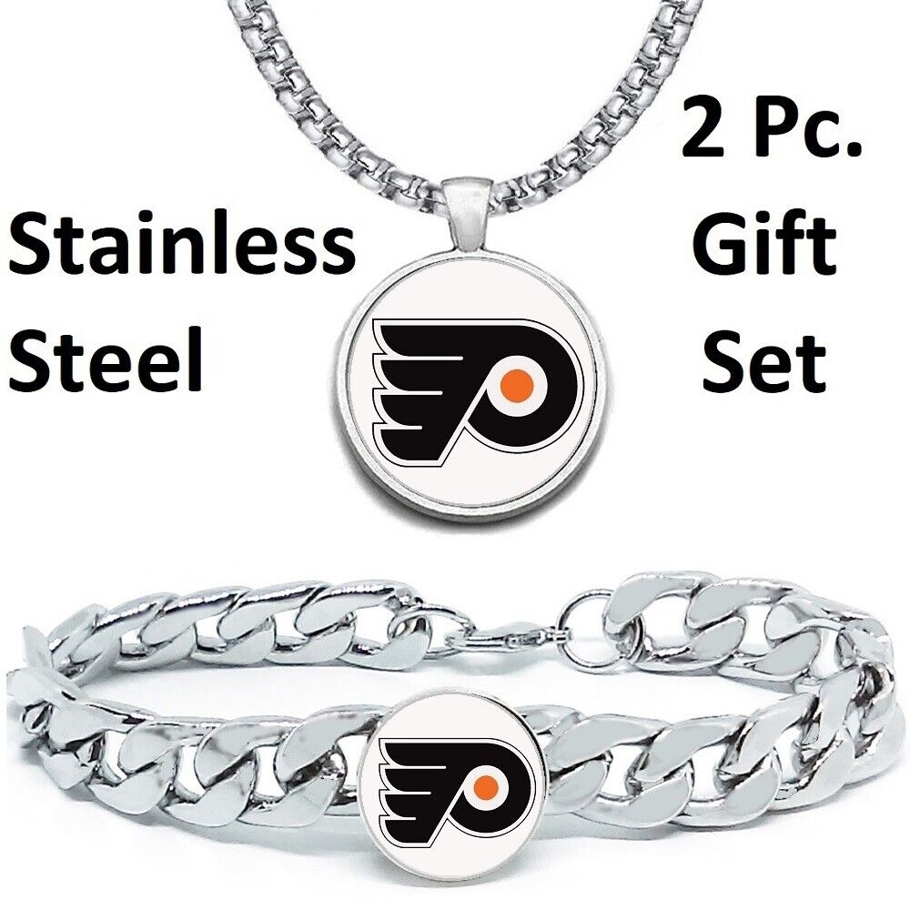 Large Philadelphia Flyers Mens 2 Pc Gift Set Hockey Necklace With Bracelet D4D30