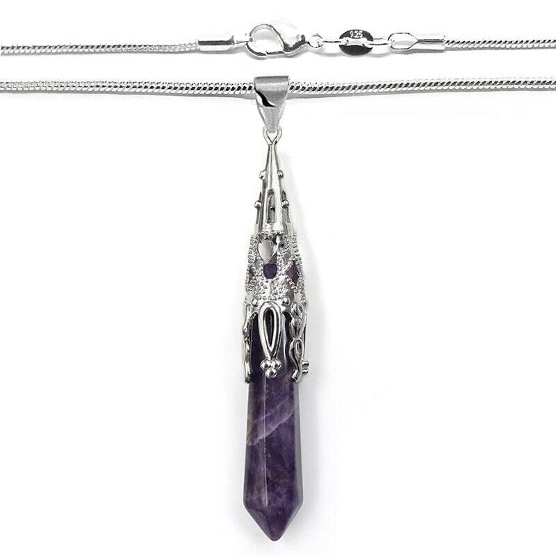 925 Sterling Silver Snake Necklace, Nat Amethyst Chakra Gemstone Pendant D840C