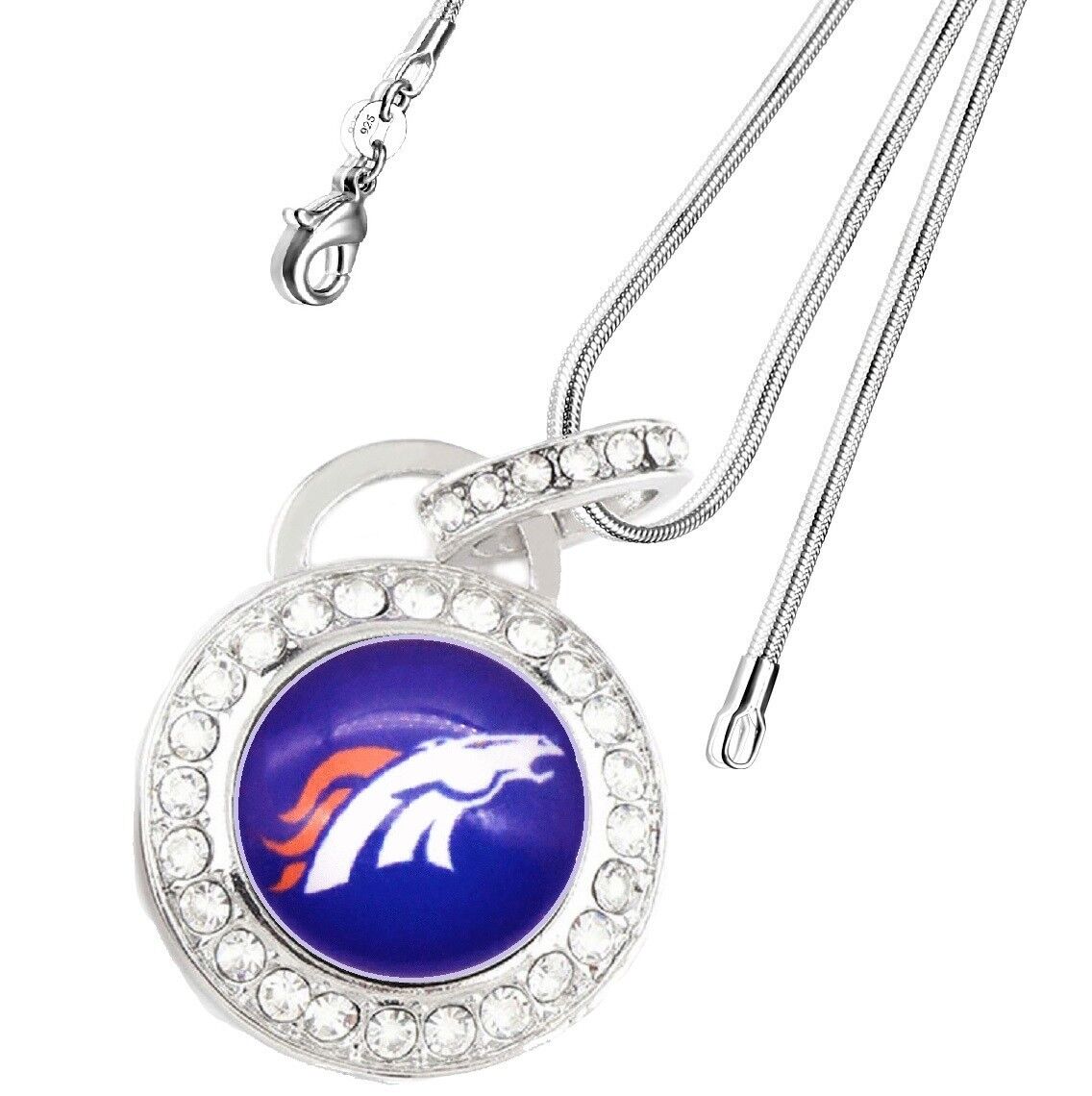 Denver Broncos Sterling Silver Womens Link Chain Necklace Crystal Pendant D17