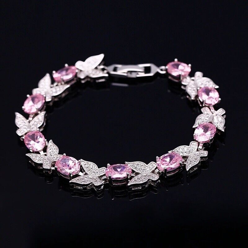 925 Sterling Silver Womens 7" Inlaid ButterflyCZ Pink Sapphire Tennis Bracelet