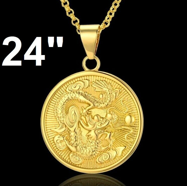 18k Yellow Gold Authentic Dragon Pendant, Link 20" 24" 30" Chain Necklace D674A