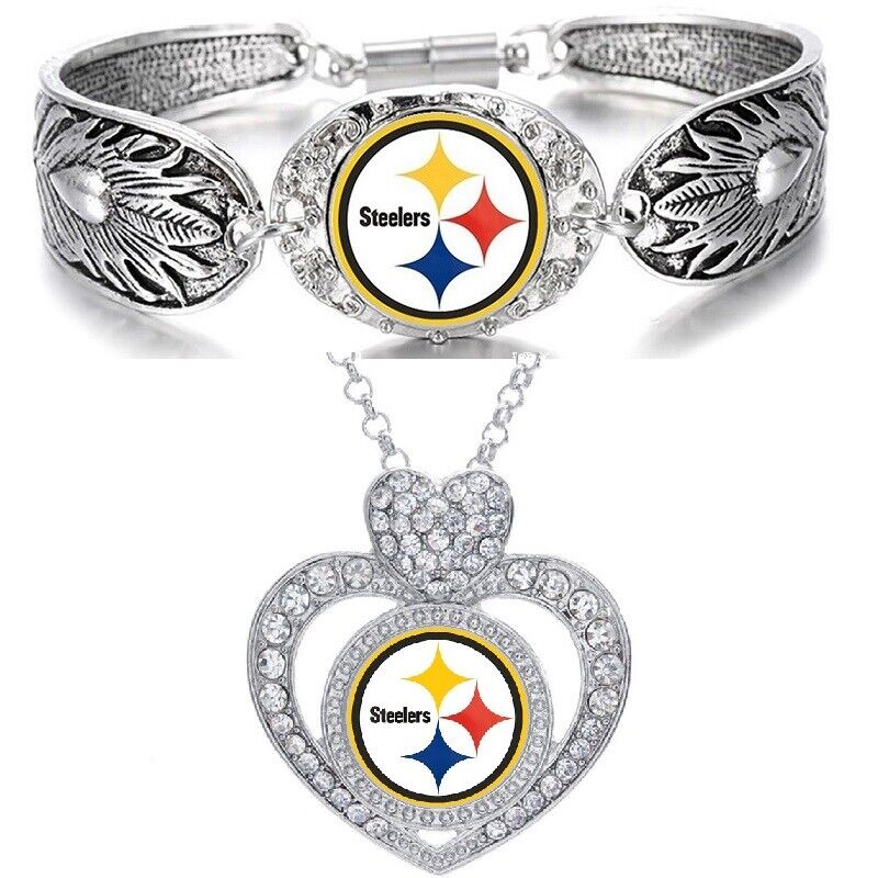 Valentines 2Pc Pittsburgh Steelers Womens Sterling Silver Necklace Bracelet Set