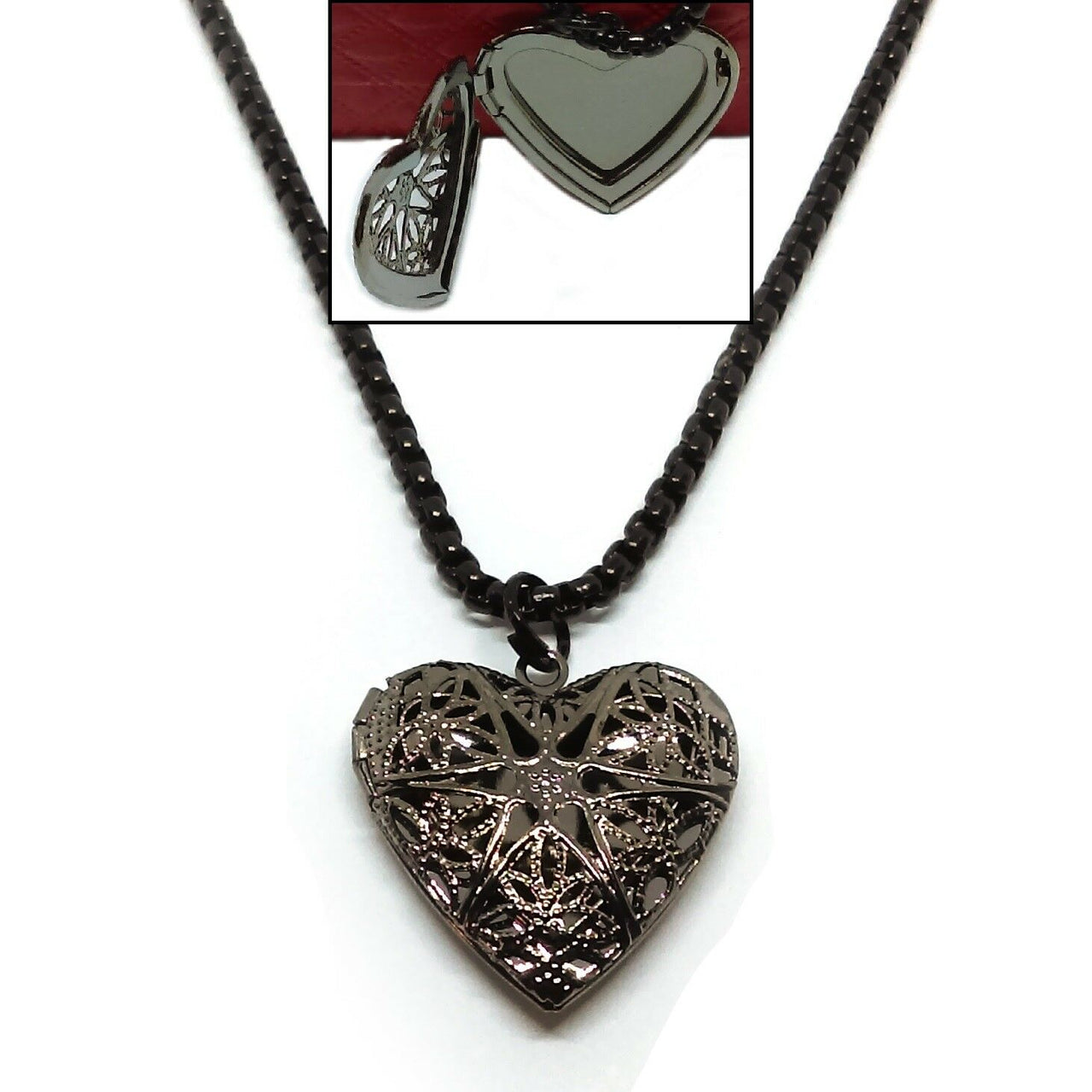 Womens Black Gun Metal On Tibetian Silver Heart Photo Locket Chain Link Necklace