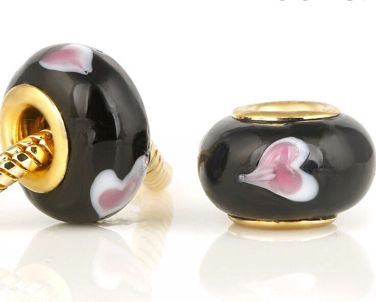 Mothers Day 18k Yellow Gold Authentic Murano Heart Beads For Big Hole Bracelet