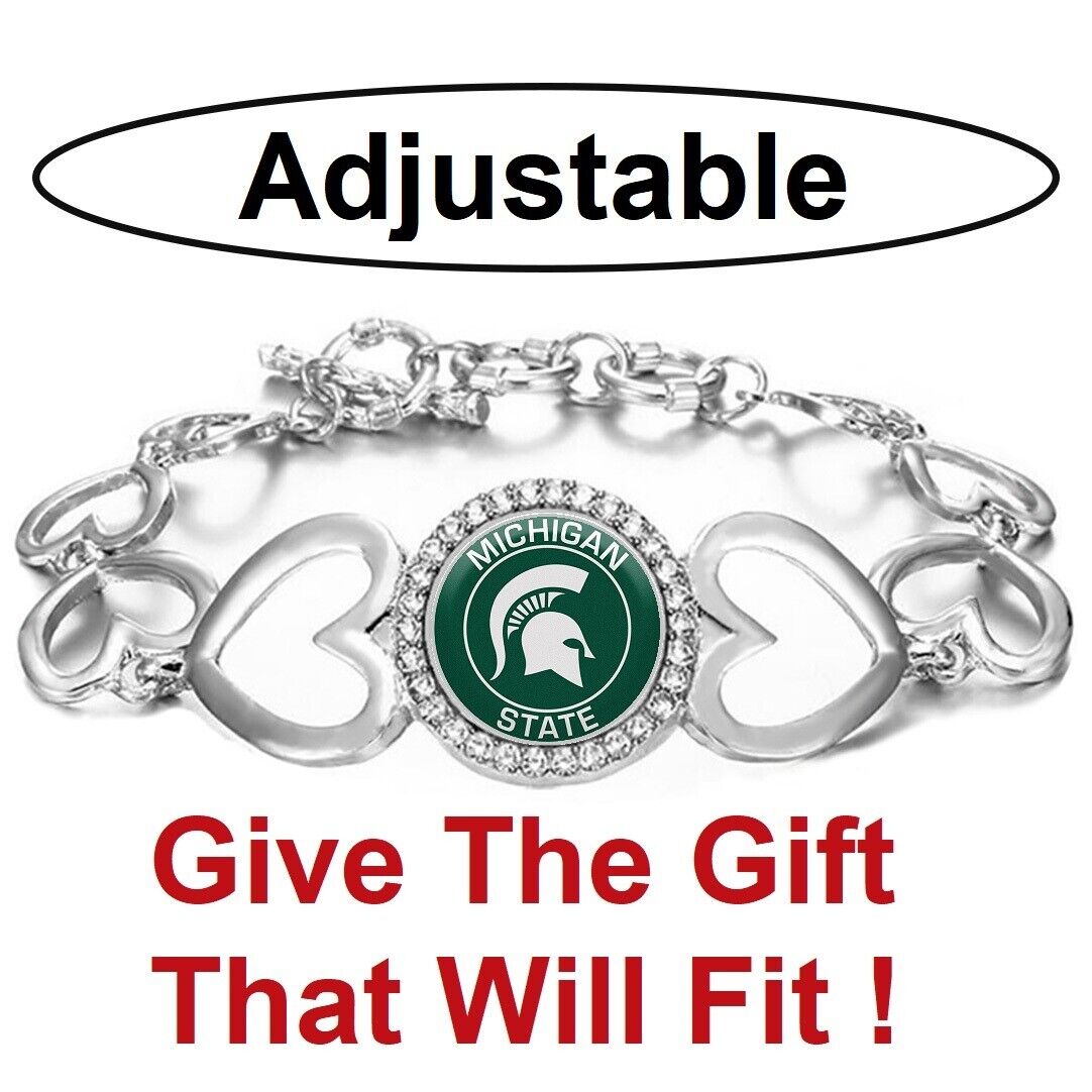 Michigan State Spartans Womens Silver Heart Link Bracelet W Gift Pkg D27