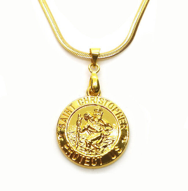 18k Yellow Gold Snake Link Chain Necklace And St. Christopher Pendant w Gift Pkg