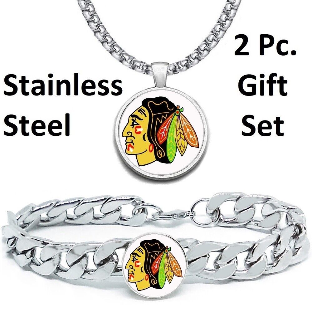 Large Chicago Blackhawks Mens 2 Pc Gift Set Hockey  Necklace With Bracelet D4D30