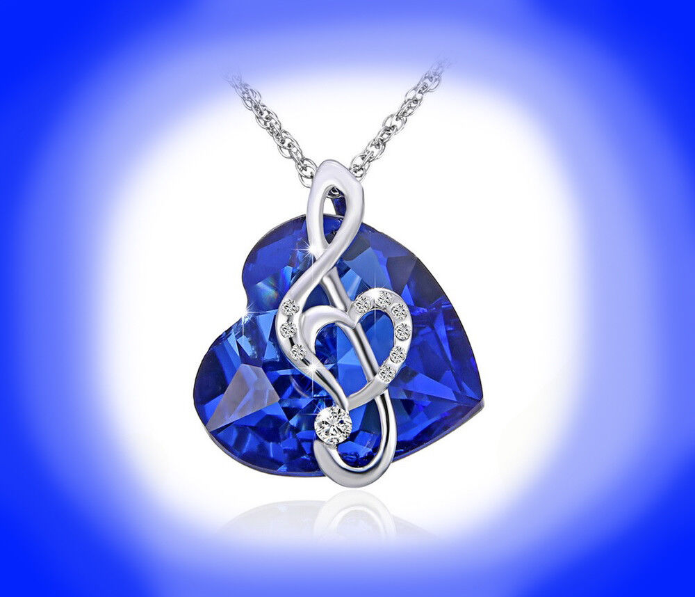 Sterling Silver Blue Crystal Heart Music Link Chain Women's Necklace D576B