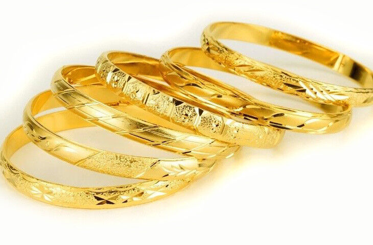 18k Gold Bracelets Bangle 6 Piece Set Womens Authentic Italian Cut Style D415