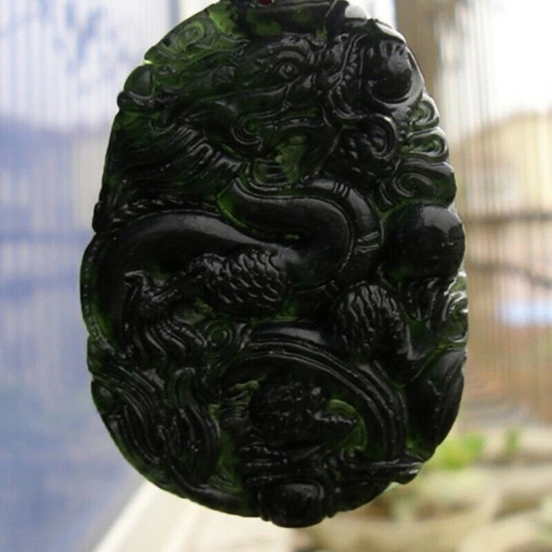 18K Gold 24" Necklace And Burmese Black/Green A Jadeite Jade Dragon Pendant D937