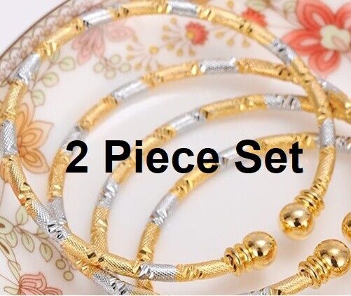 2 PcSet 18k Yellow Gold And Silver Womens Adjustable 7" Bracelets Bangles D711