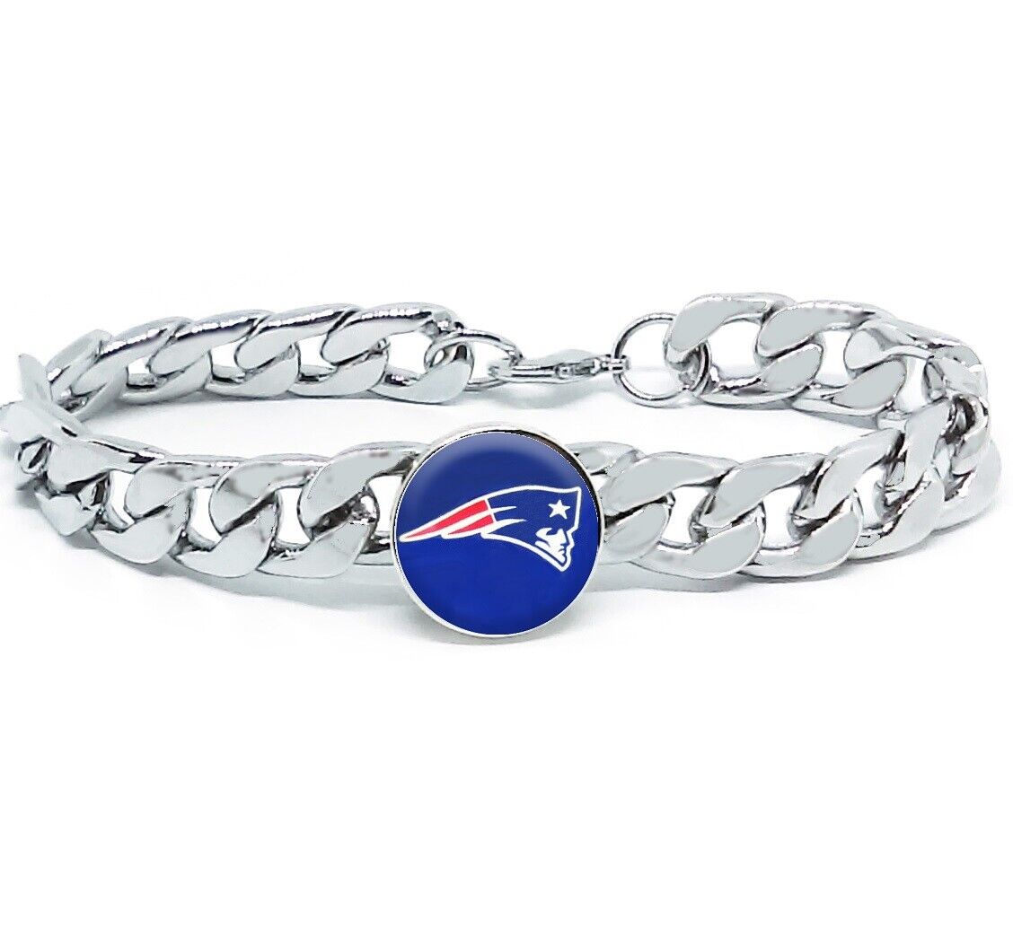 New England Patriots Silver Mens Curb Link Chain Bracelet Football Gift D4-1