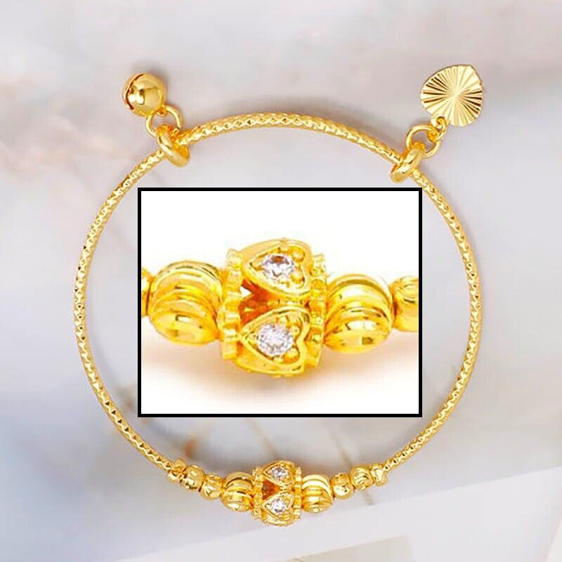 24k Yellow Gold Womens Adjustable Chain 7" Heart Charm Bracelet Bangle D977