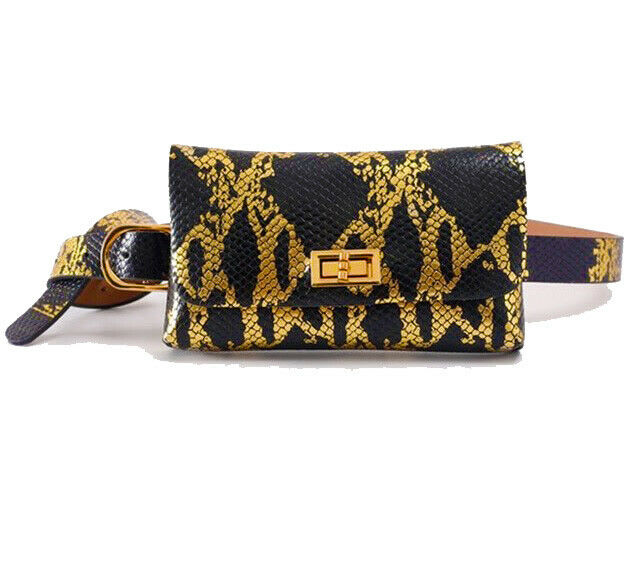 2 Pc. Leather Black Gold Belt And Waist Clutch Handbag Evening Bag  Purse D811B