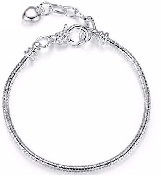 2 PcSet 925 Sterling Silver Women's DIY Large 9" Heart Charm Snake Bracelet D403