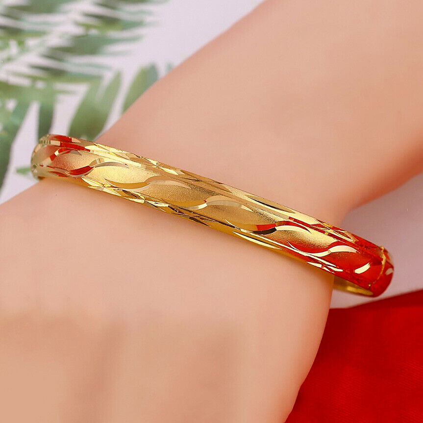 24k Yellow Gold Bangle Bracelet Womens Italian Cut Swirl Pattern Opening D415-5