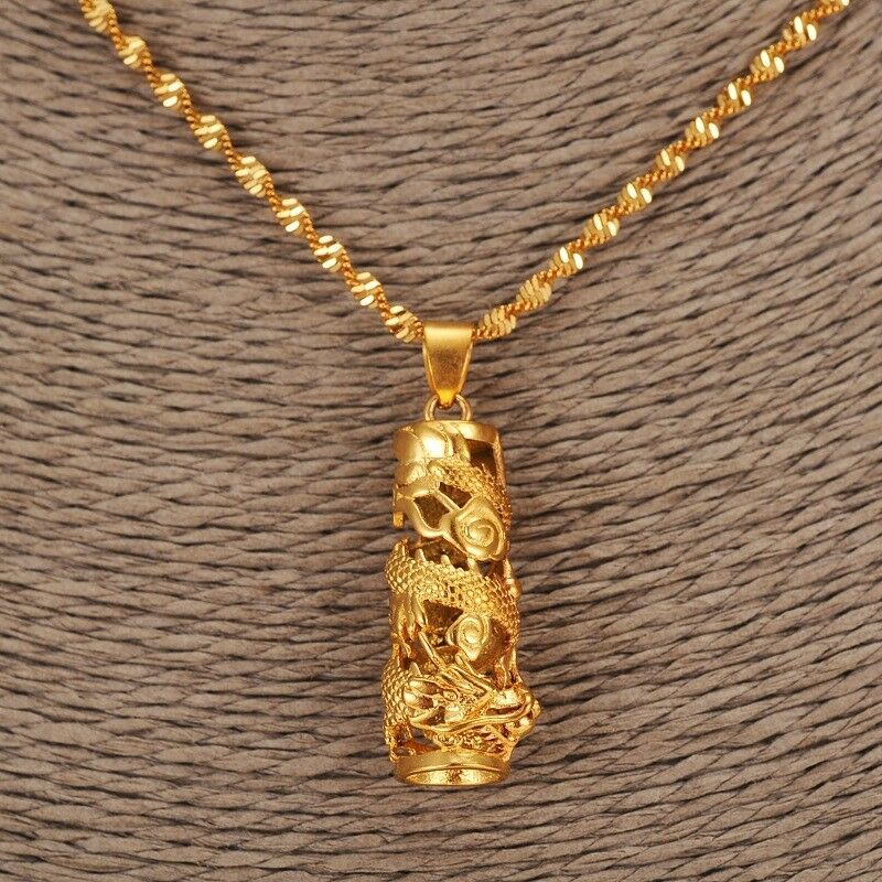24k Yellow Gold Dragon Tower Pendant & Chain Link 30" Necklace w GiftPkg D545A