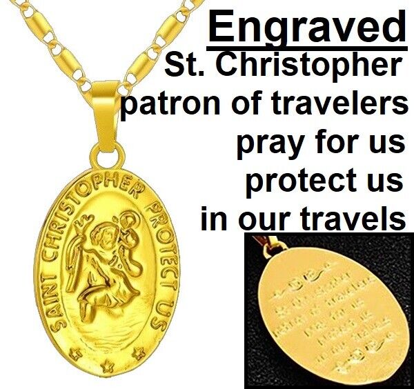 18k Yellow Gold Womens Bar Link Chain Necklace And St. Christopher Pendant D782