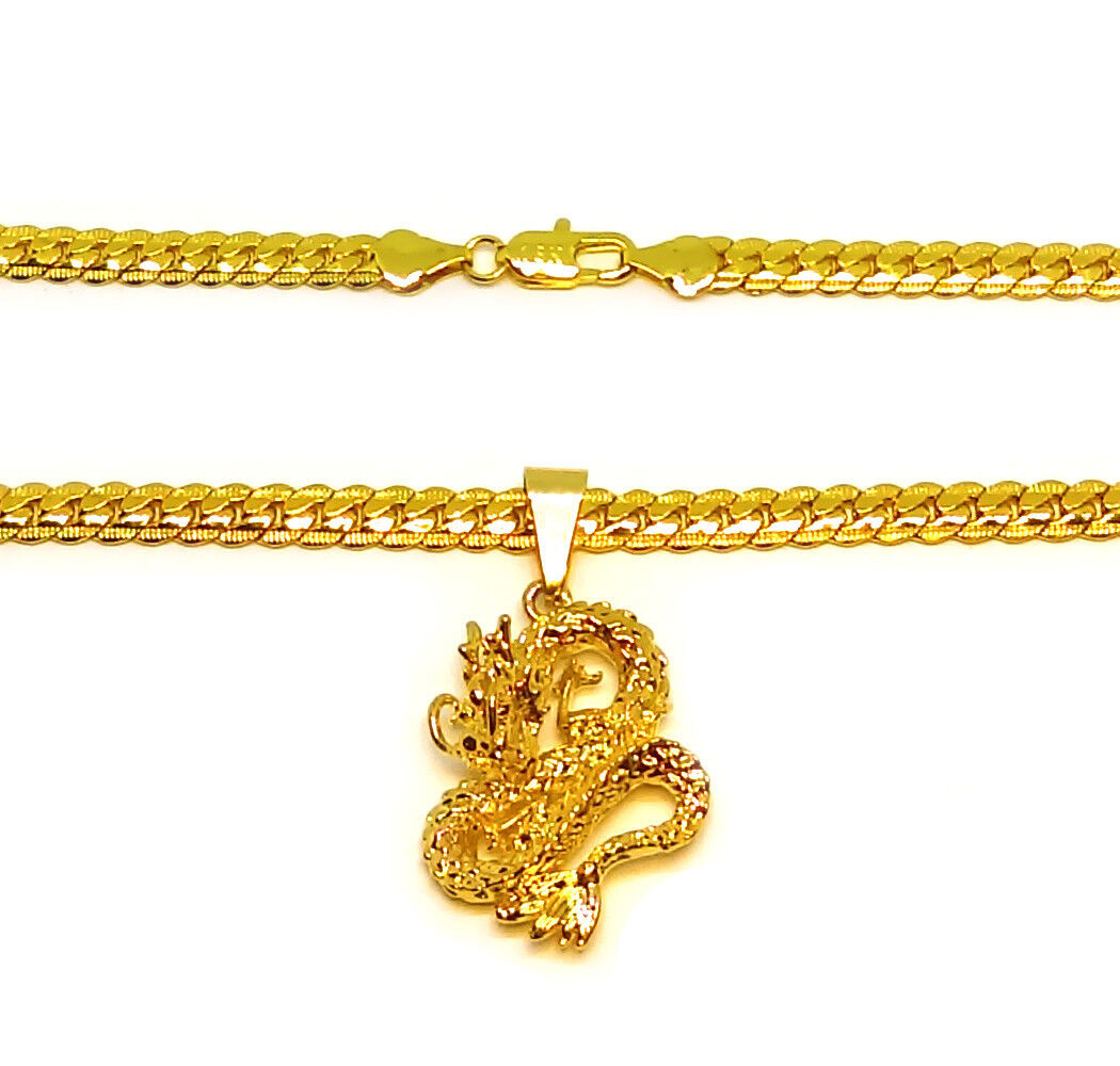 2 Piece Set 18k Yellow Gold Curb Link Chain Necklace With Dragon Pendant