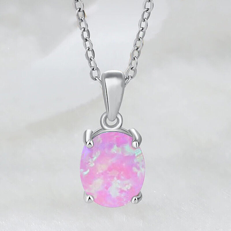 925 Sterling Silver Womens Pink Peruvian Opal Pendant And 18" Link Necklace D993