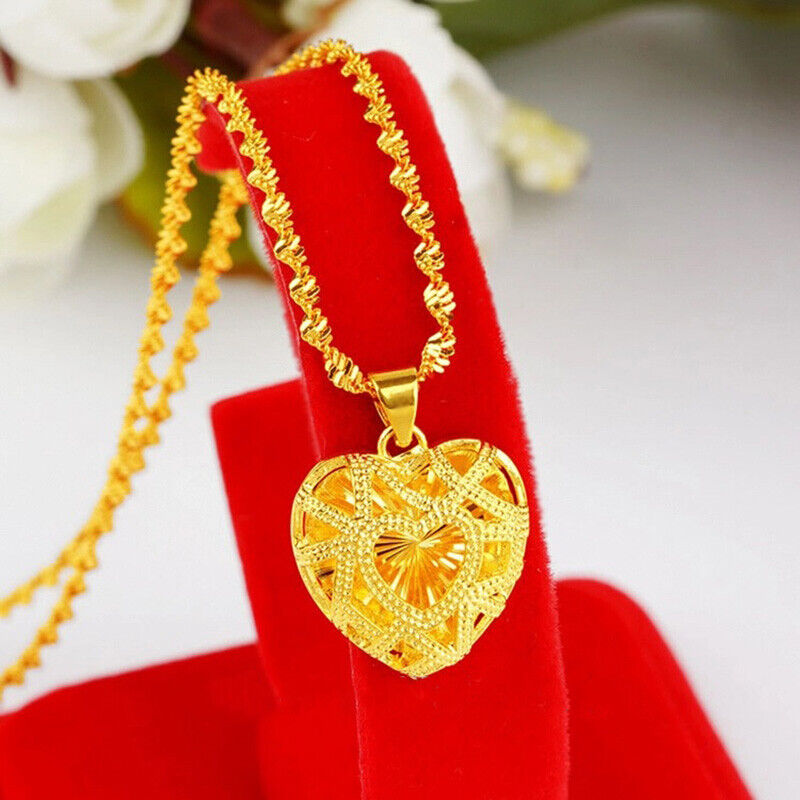 18k Yellow Gold Womens Heart Pendant Link Chain Necklace w Gift Pkg D740