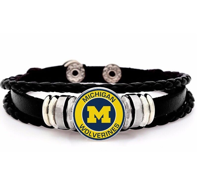 University Michigan Wolverines Mens Womens Black Leather Bracelet W Giftpk D14