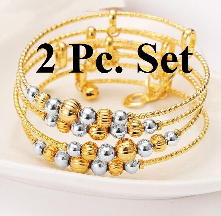 2 Pc. 18k Yellow Gold Bracelets Bangles Womens Adjustable 7-1/2" w Gift Pkg D790