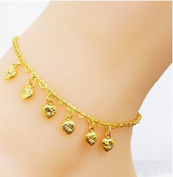 24k Yellow Gold Women's Dangle Anklet Ankle Heart Bracelet Link Chain D797