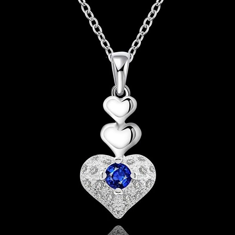 Womens 925 Sterling Silver Link Chain Necklace And Sapphire Heart Pendant D816