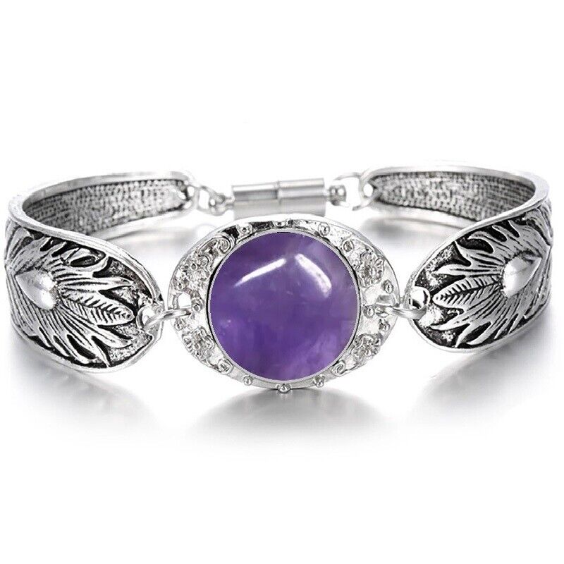 Amethyst Women's Sterling Silver Bracelet Bangle w Magnetic Clasp D3