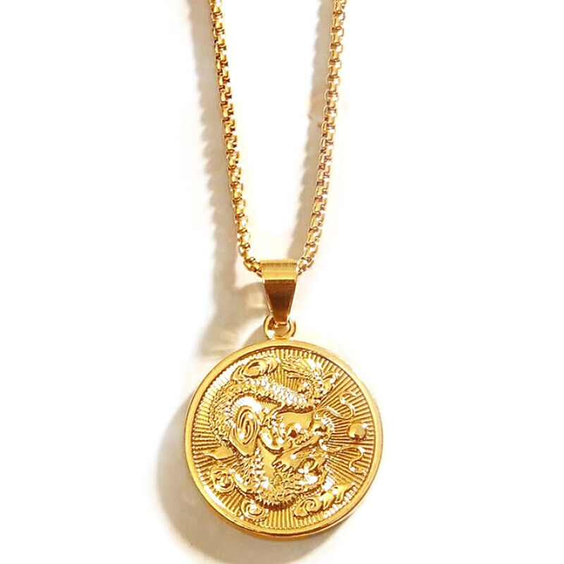 18k Gold 20" Mens Womens Chain Link Necklace And Dragon Pendant D941