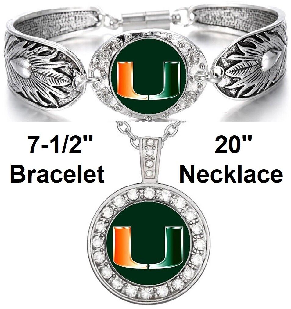 Miami Hurricanes Special Womens Sterling Silver Necklace Bracelet Set D3D18