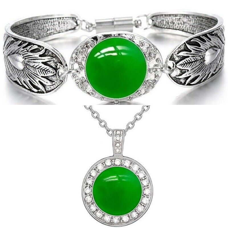 2 PcSet Burmese Green Jade Womens Sterling Silver Bracelet Bangle Necklace D3D18