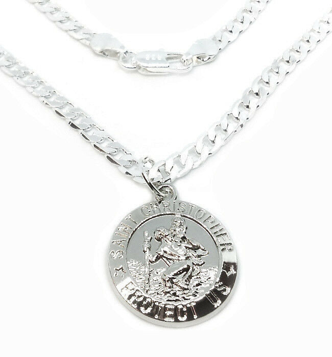 Womens 925 Sterling Silver 20" Curb Link Necklace And Saint Christopher Pendant