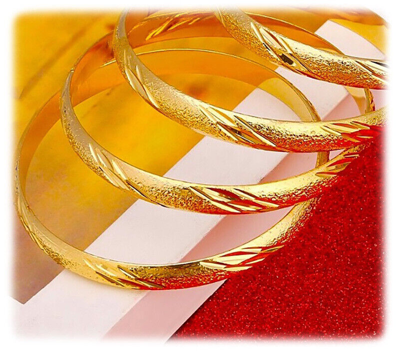 2 Pc Set 18k Yellow Gold Opening Womens Bracelet Bangle Italian Diamond Cut D223
