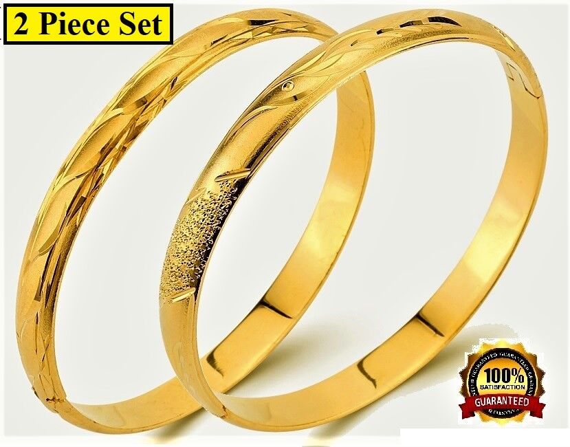 2 Pc. Set 18k Gold Bracelets Bangle Womens Elegant Opening +GiftPouch D41556