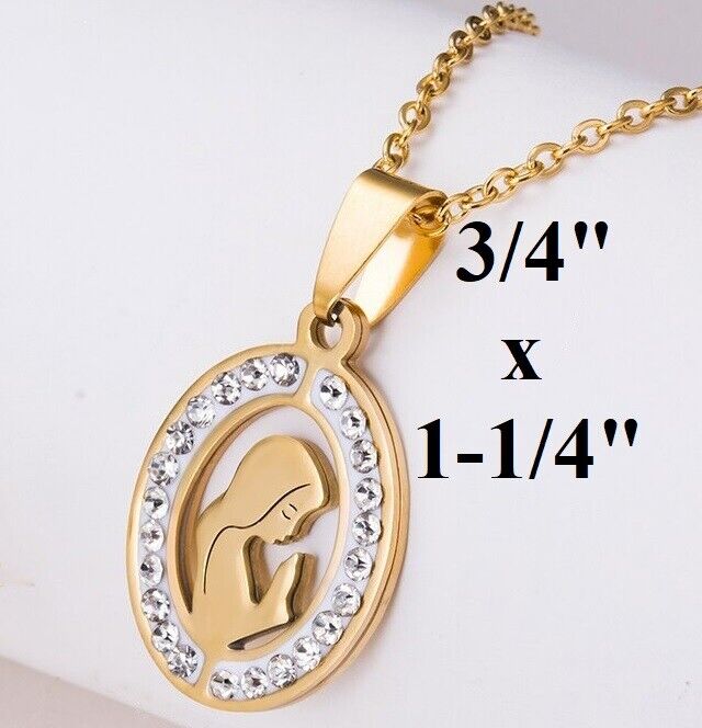 18k Yellow Gold Womens Lady's Chain Necklace, Virgin Mary Pendant Guadalupe D673