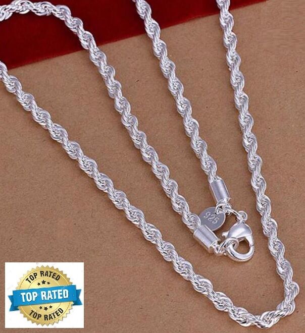 925 Sterling Silver Women's Rope Chain 20" Link Necklace w Gift Pkg D184
