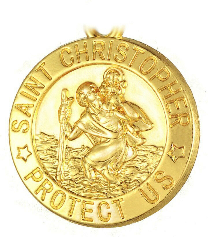 18k Yellow Gold Link 20" 24" 30" Chain Womens Mens Necklace St. Christopher Pend